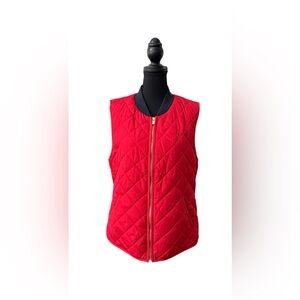 Tommy Hilfiger Vibrant Red Quilted Zip Up Vest with Navy Blue Collar